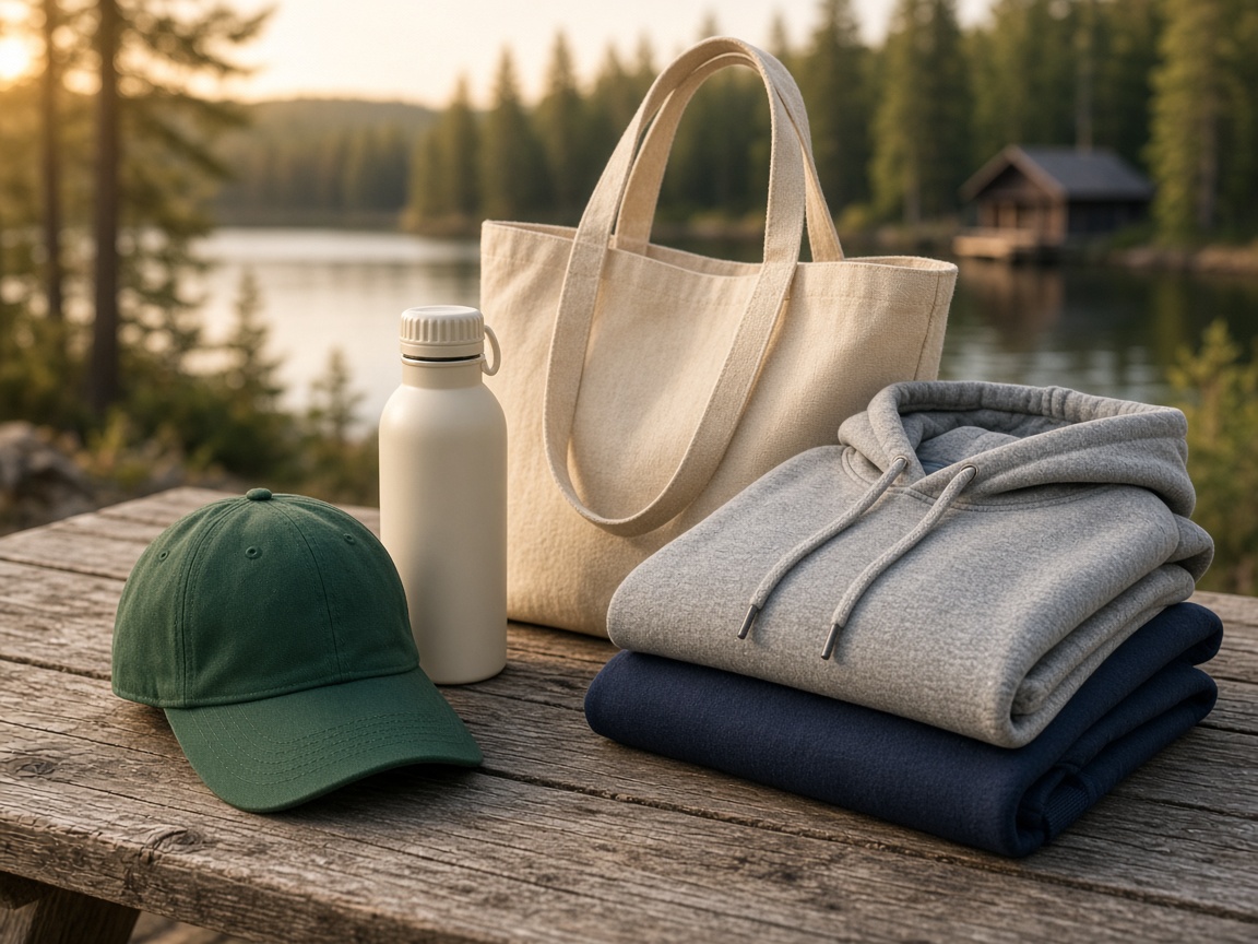 A cap, water bottle, canvas tote, and folded hoodies on a wooden table beside a lake.