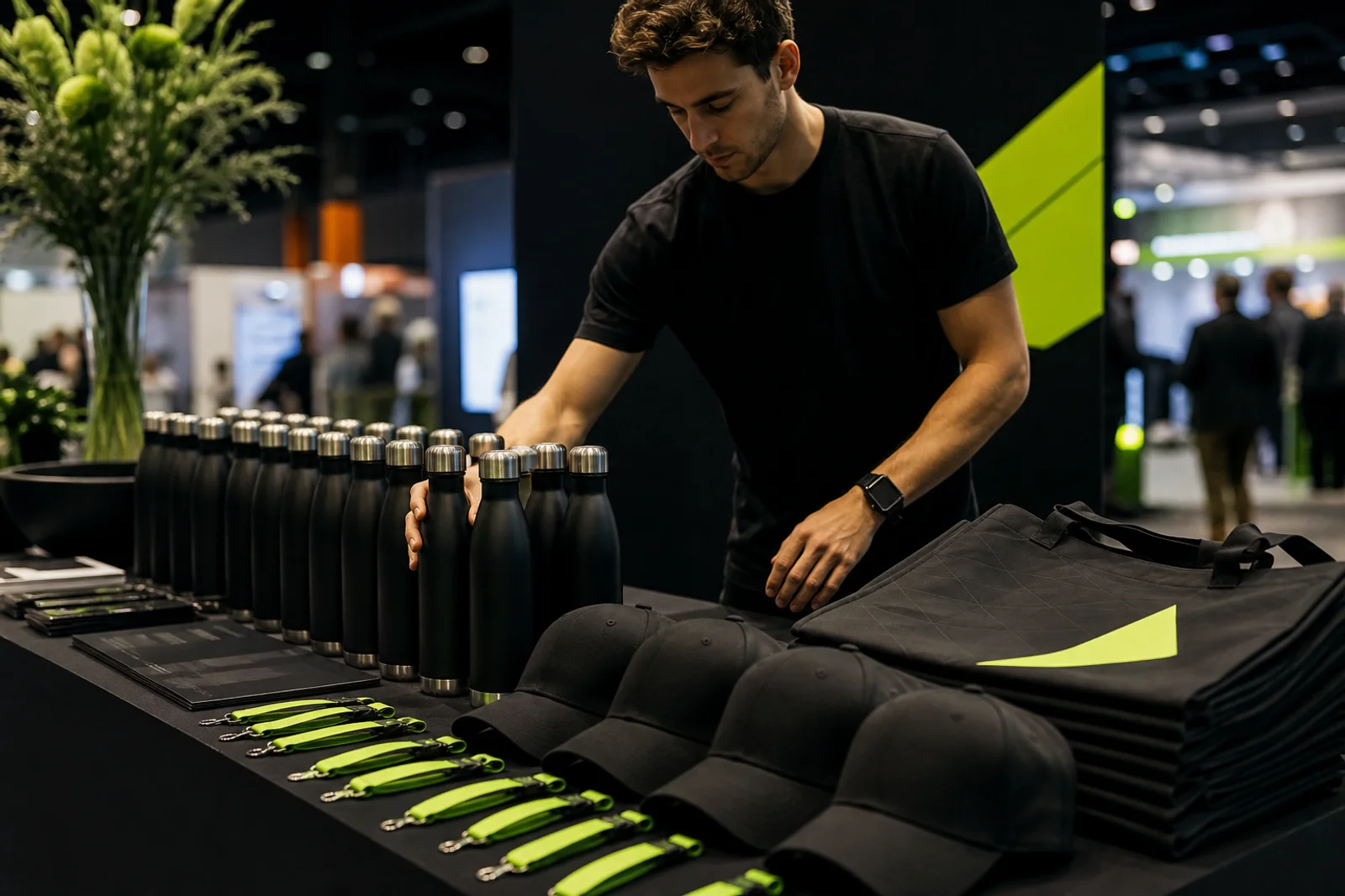 A trade show booth table with rows of black bottles, caps, totes, and lime lanyards