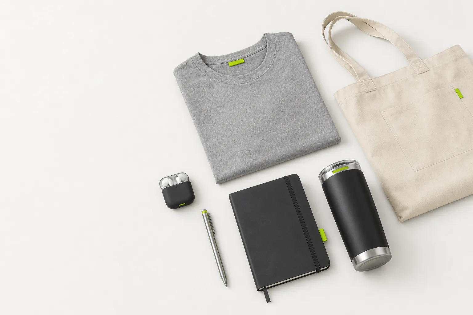 Flat lay of branded merchandise
