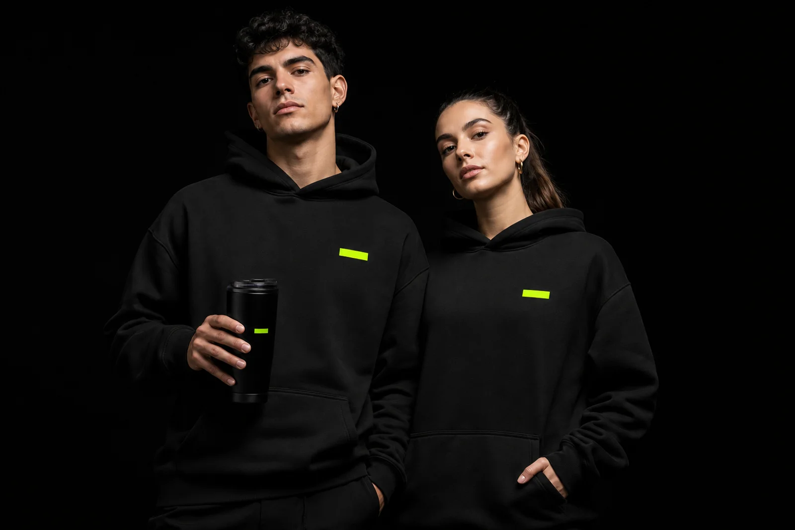Two people wearing black branded hoodies with a lime logo, one holding a branded tumbler