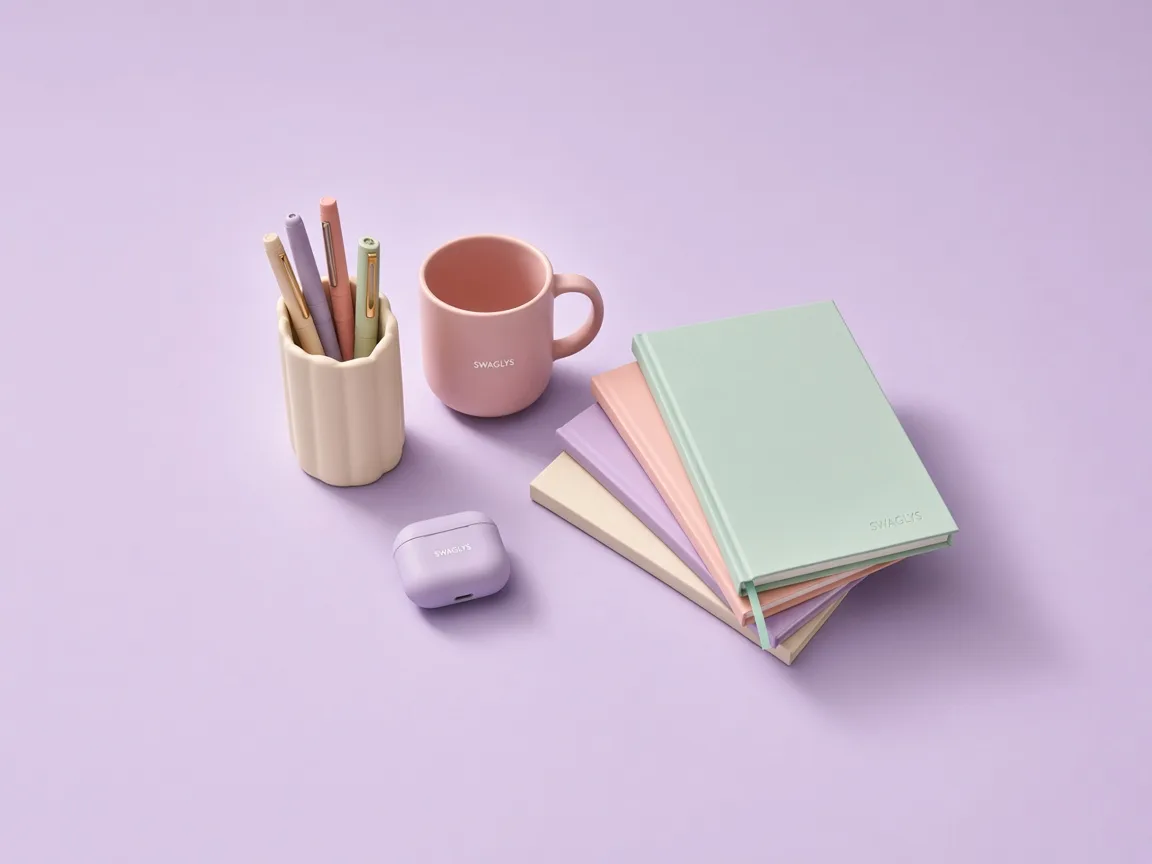 Pastel branded office merchandise: notebooks, mug, pens and earbuds case with small Swaglys wordmarks on a soft lilac background
