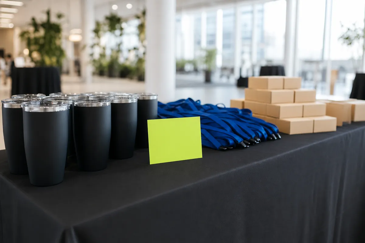 A trade show table set with branded tumblers, lanyards, and gift boxes