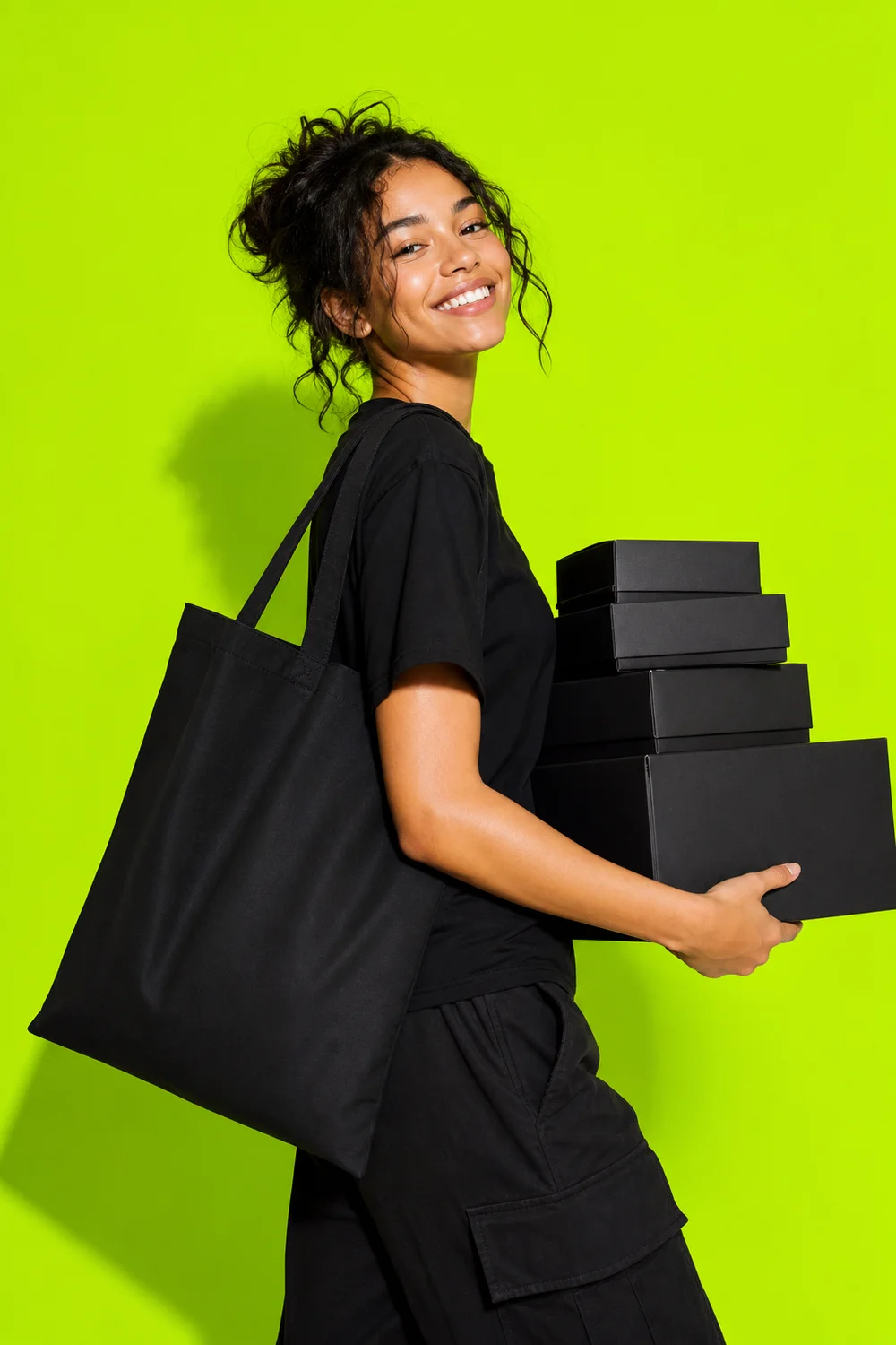 A smiling woman on a lime background carrying a black tote bag and a stack of black gift boxes
