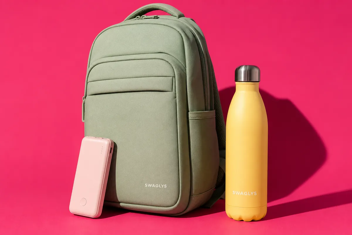 An event VIP pack with a sage backpack, pink power bank, and yellow stainless bottle