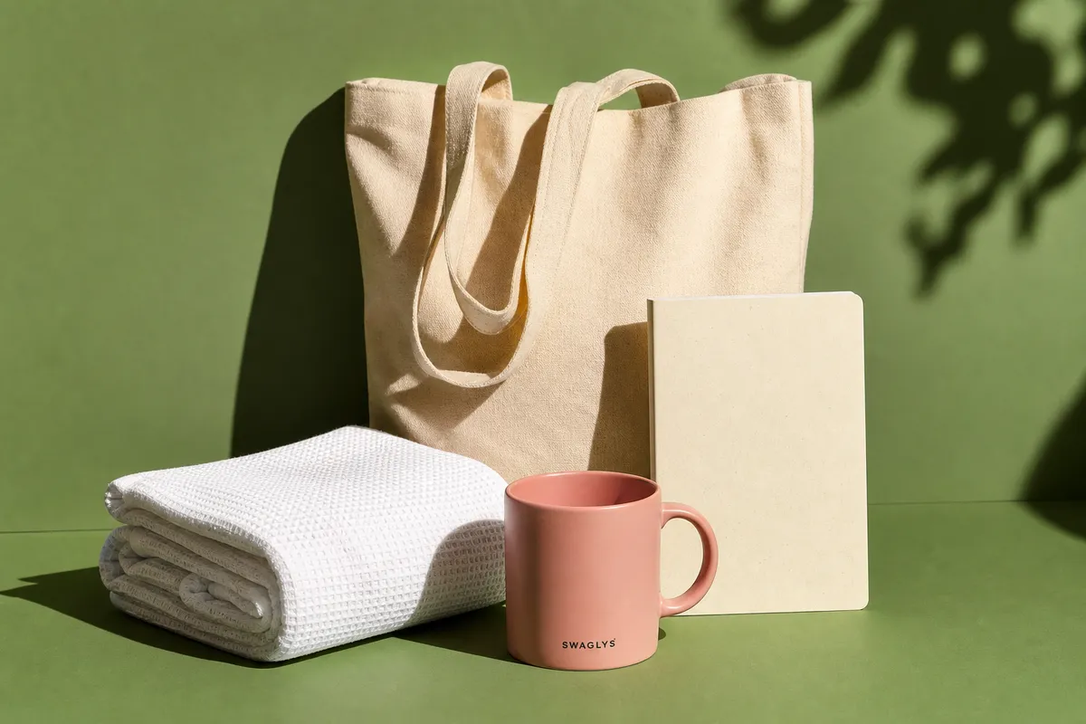 A hotel guest welcome pack with a white waffle towel, pink mug, cream notebook, and cotton tote