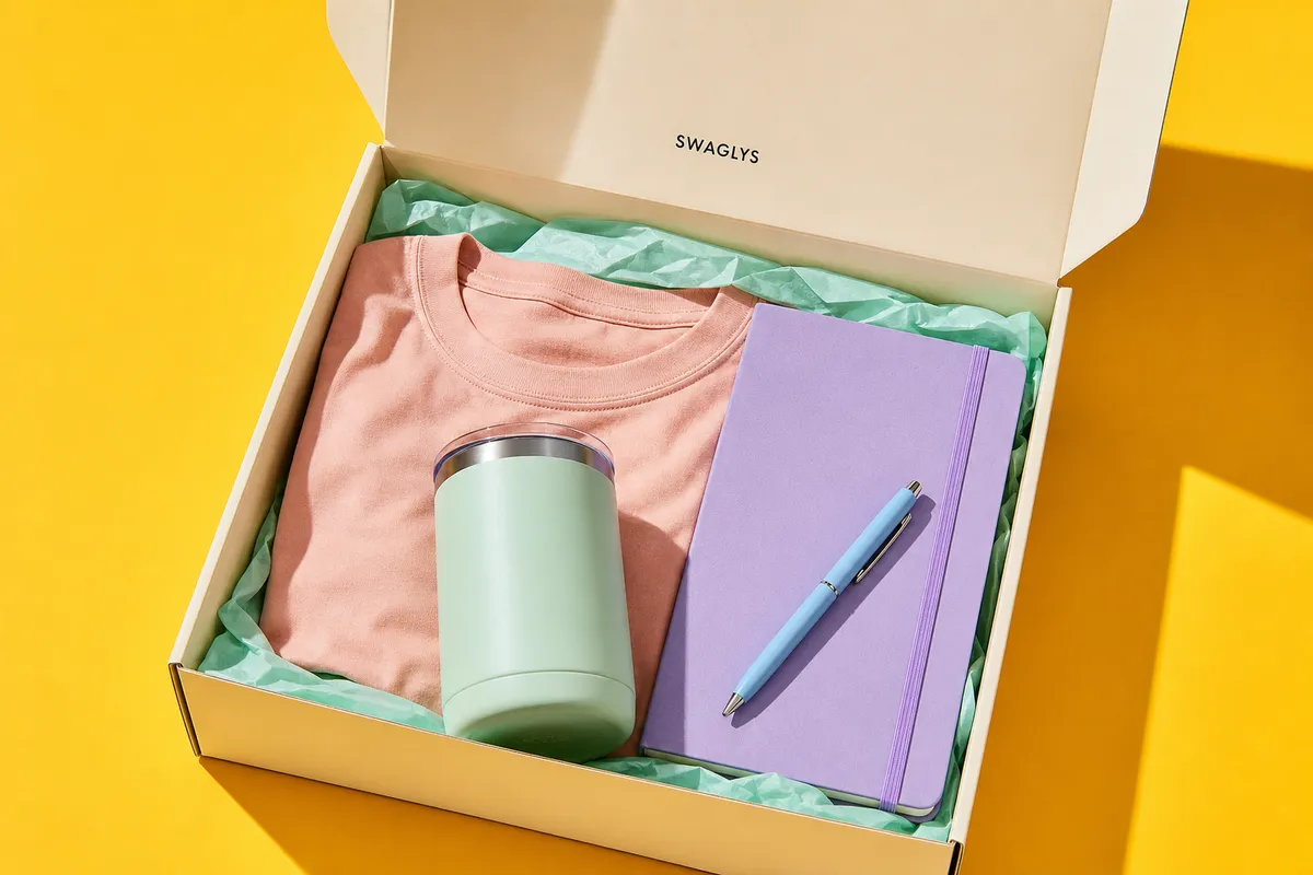 An open Swaglys welcome kit box with a tee, mint tumbler, notebook, and pen in pastel colors