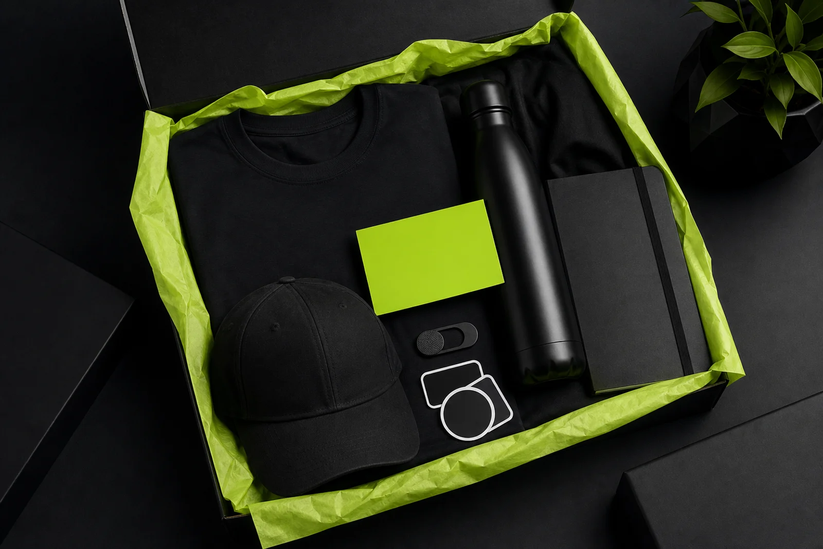 A premium black welcome kit box with lime tissue paper, t-shirt, bottle, notebook, and cap