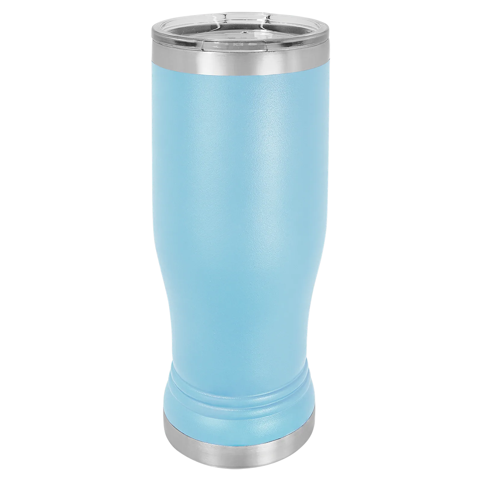 Light blue insulated pilsner showcasing a company logo