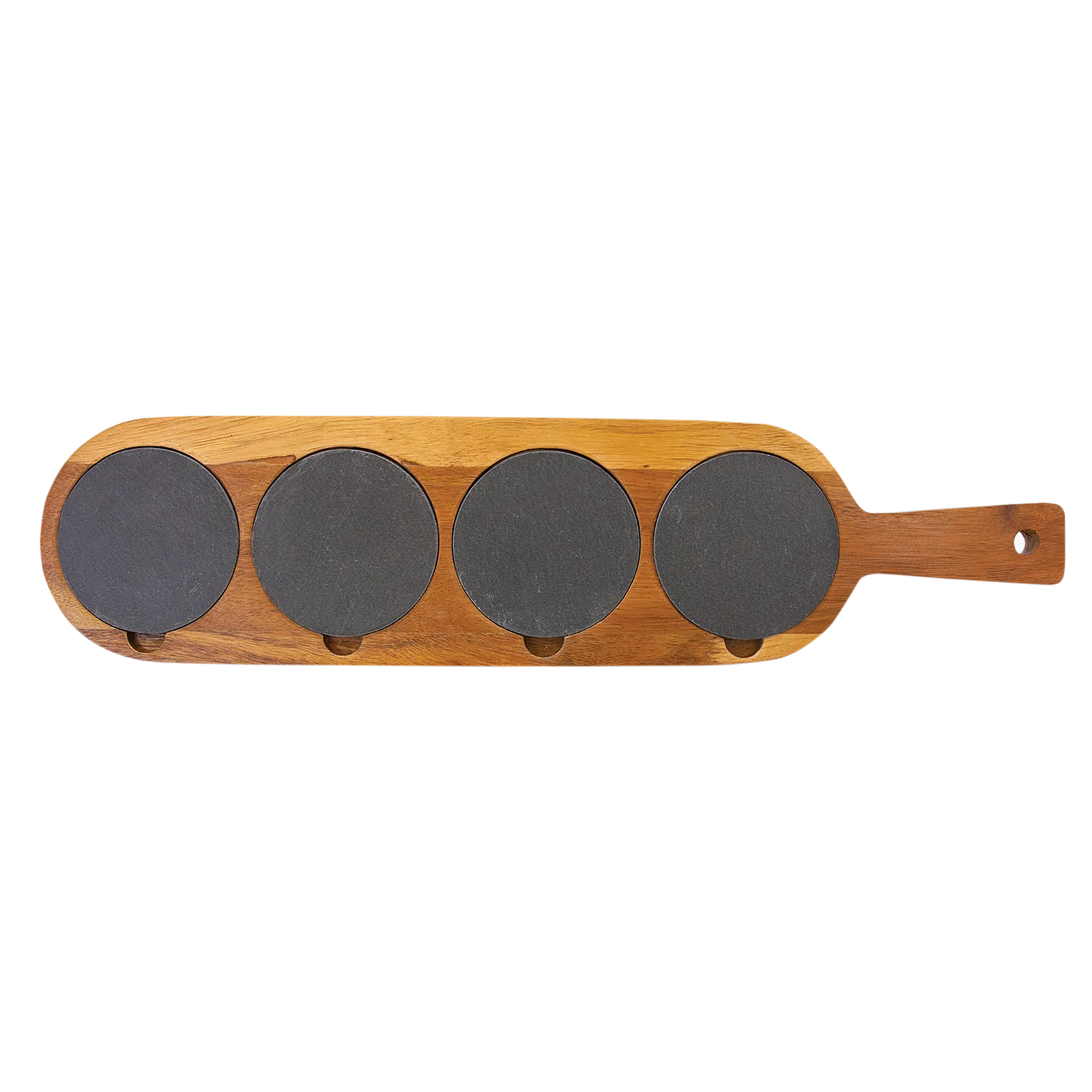 Elegant acacia wood serving board with removable slate coasters