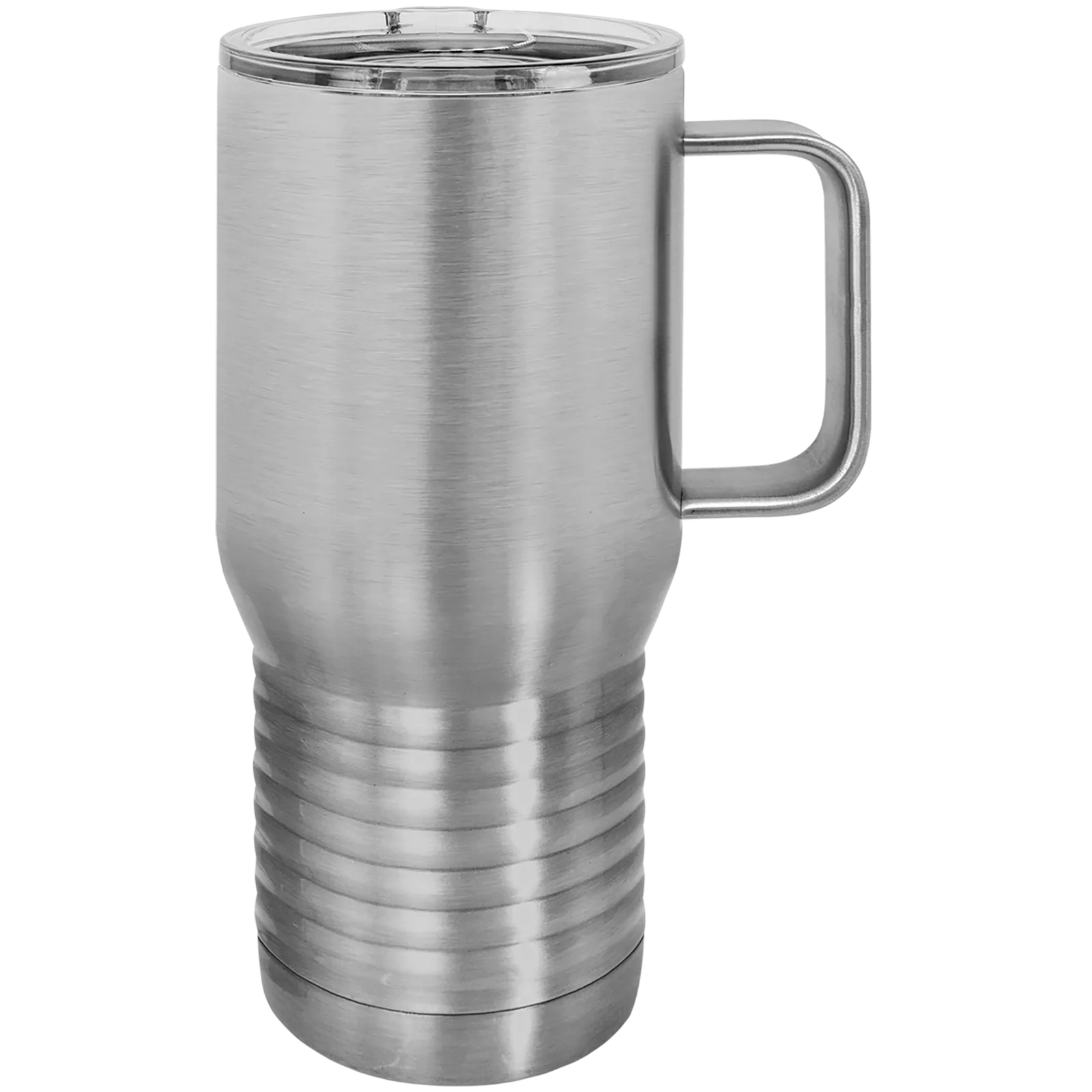 Stainless steel travel mug with clear slider lid and branding