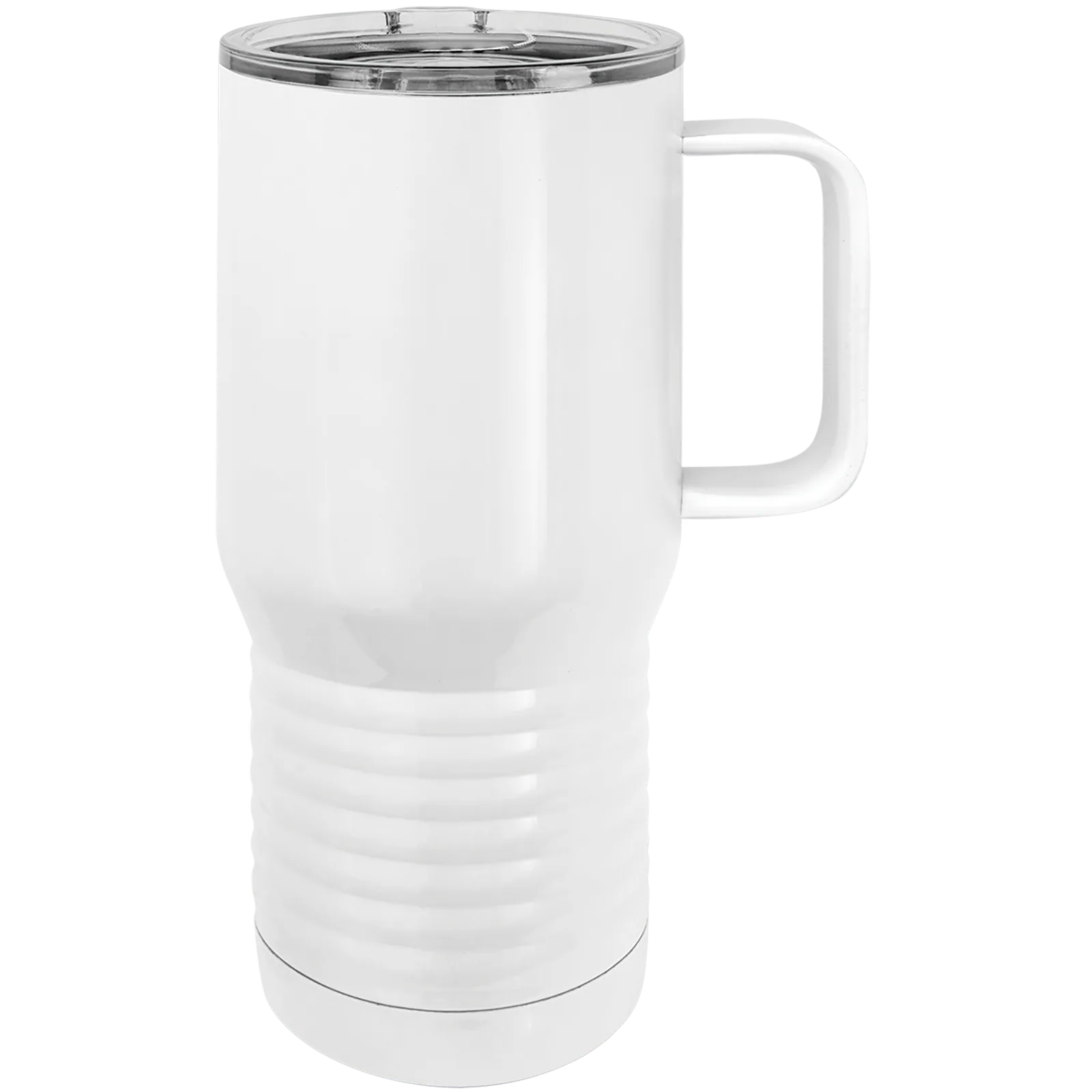 White insulated travel mug with a slider lid and logo