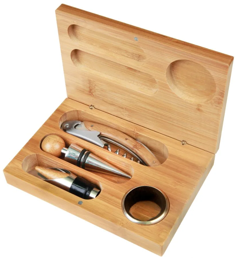 Bamboo wine tool set displayed with included accessories