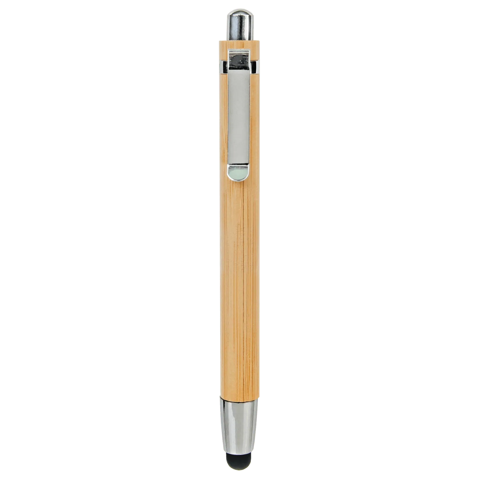 Bamboo pen with stylus tip and branded logo on barrel