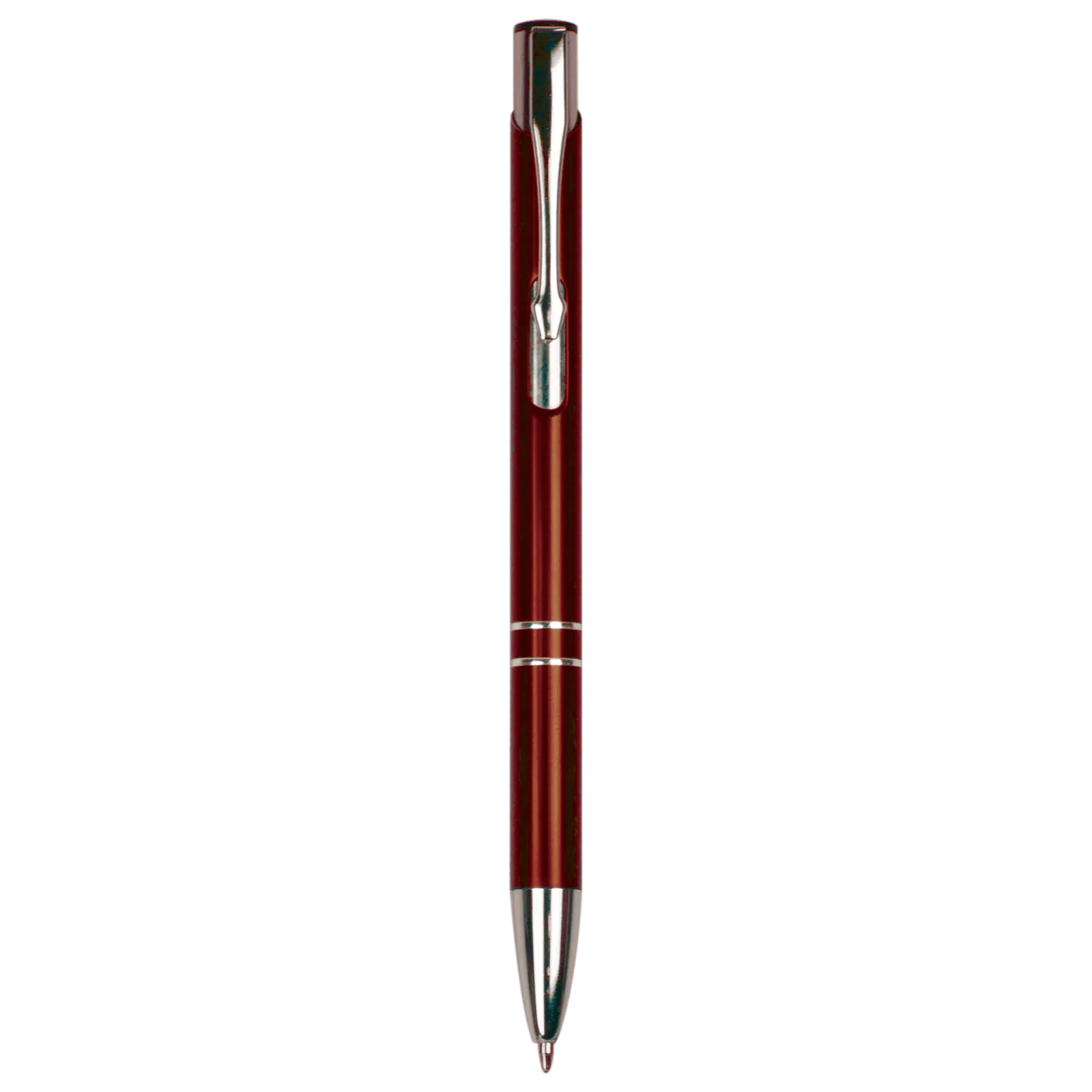 Burgundy ballpoint pen with silver trim on a desk