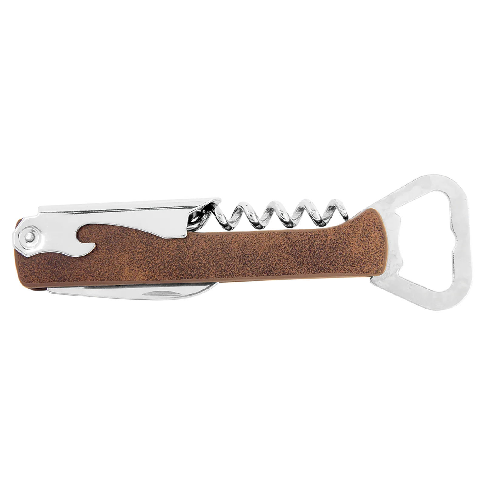 Leatherette opener resting on a bar counter