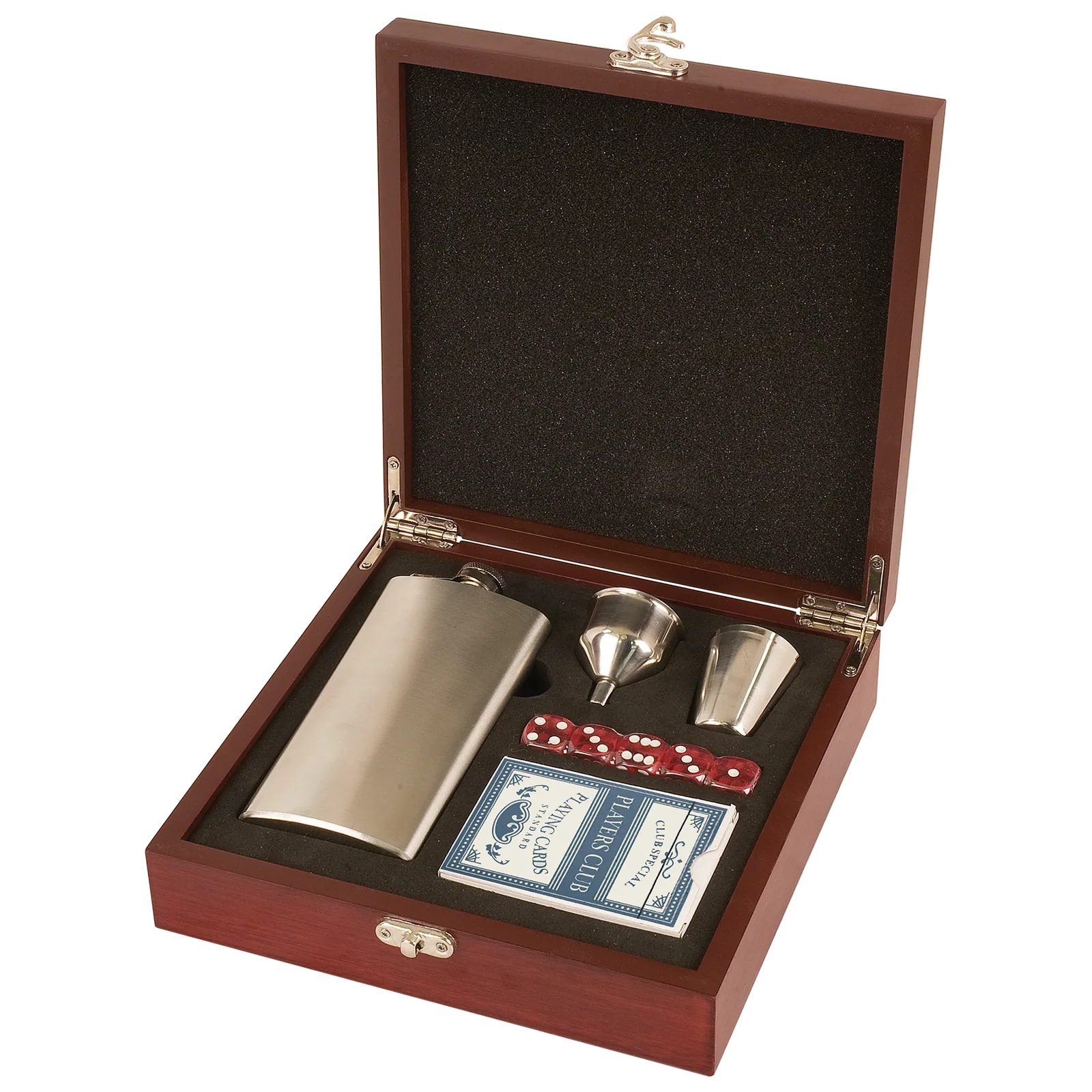Rosewood finish flask set with accessories displayed in a presentation box