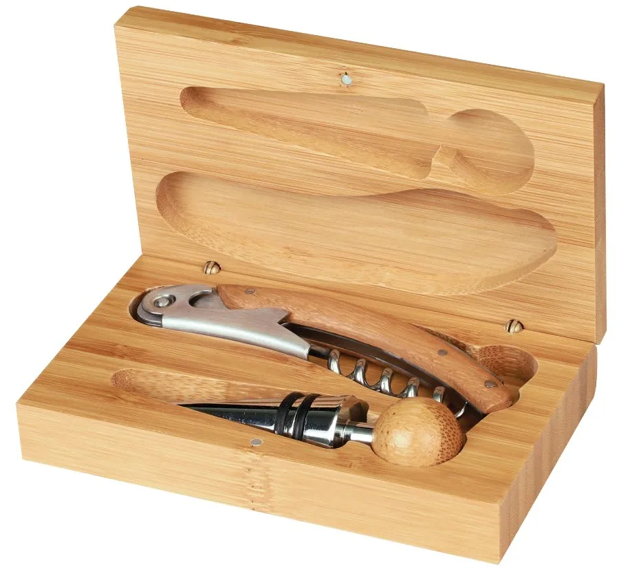 Bamboo wine tool set with corkscrew and stopper in a case