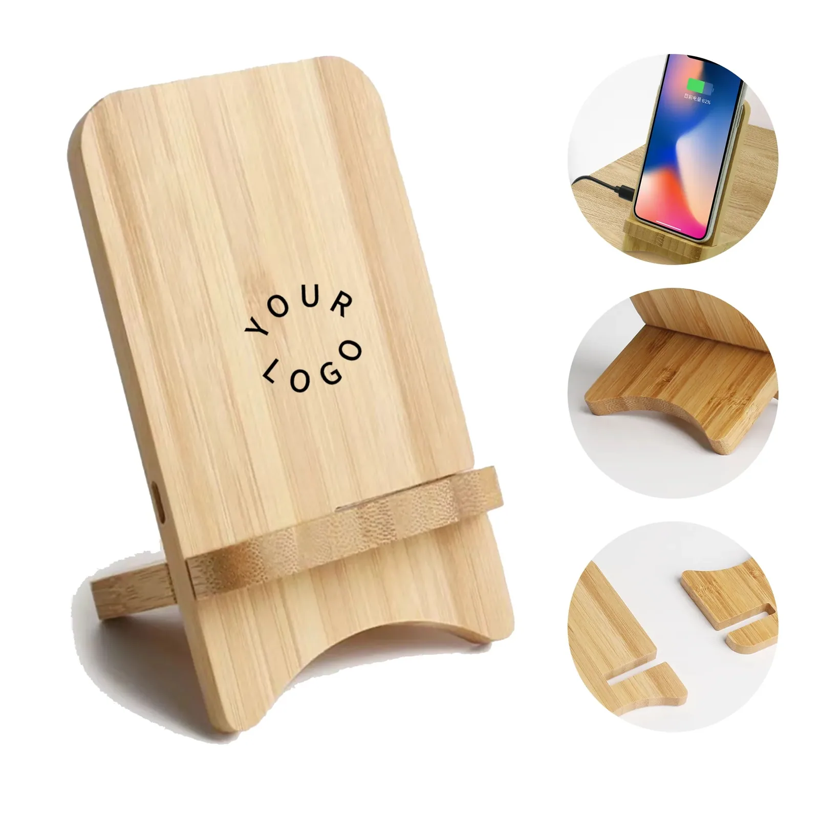 Bamboo wireless charging phone stand showcasing natural wood grain