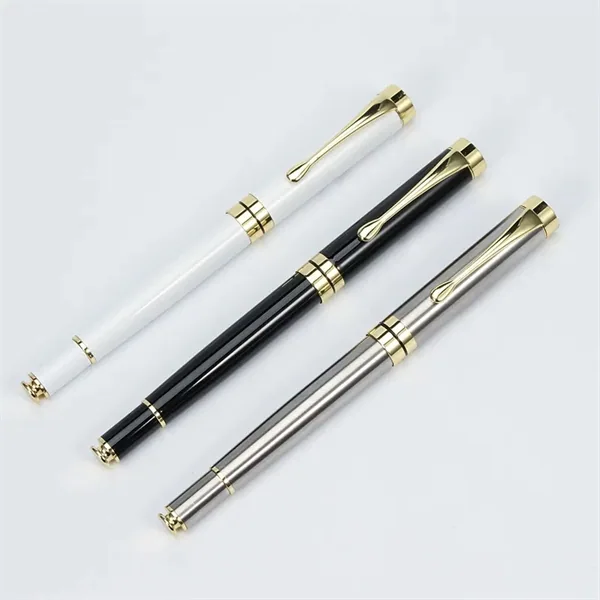 Sleek stainless steel pen with a full-color logo on the barrel