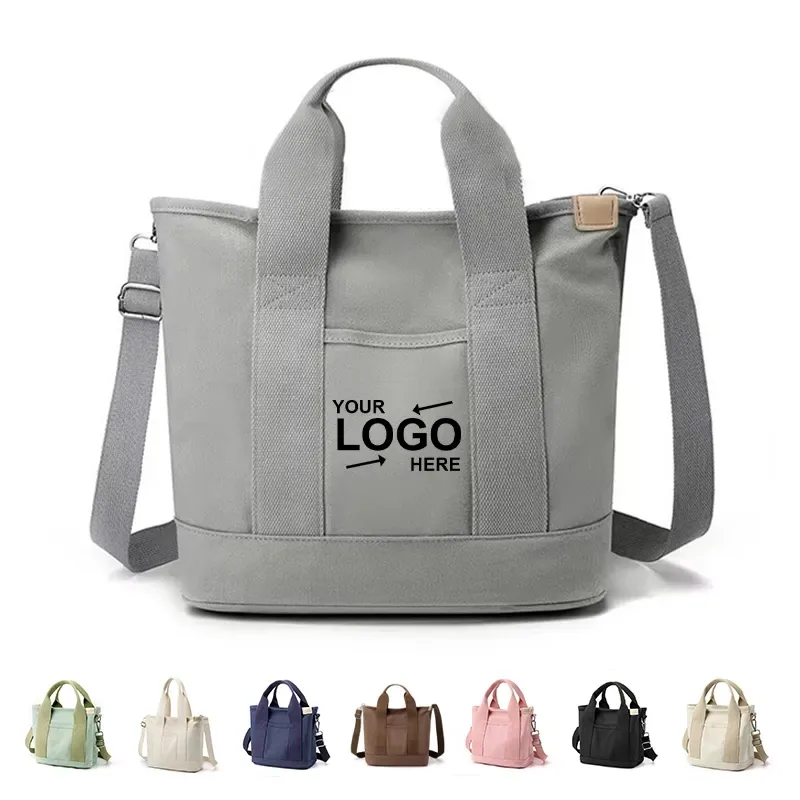 Light gray canvas crossbody tote bag with organized pockets