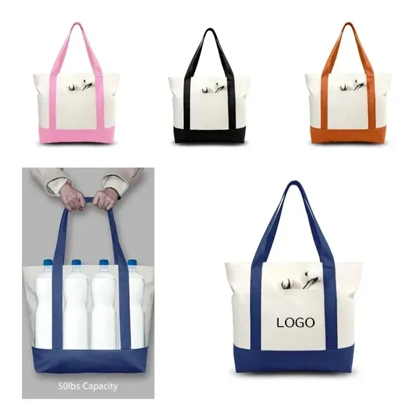 21" cotton tote bag with top zip closure and outside pocket