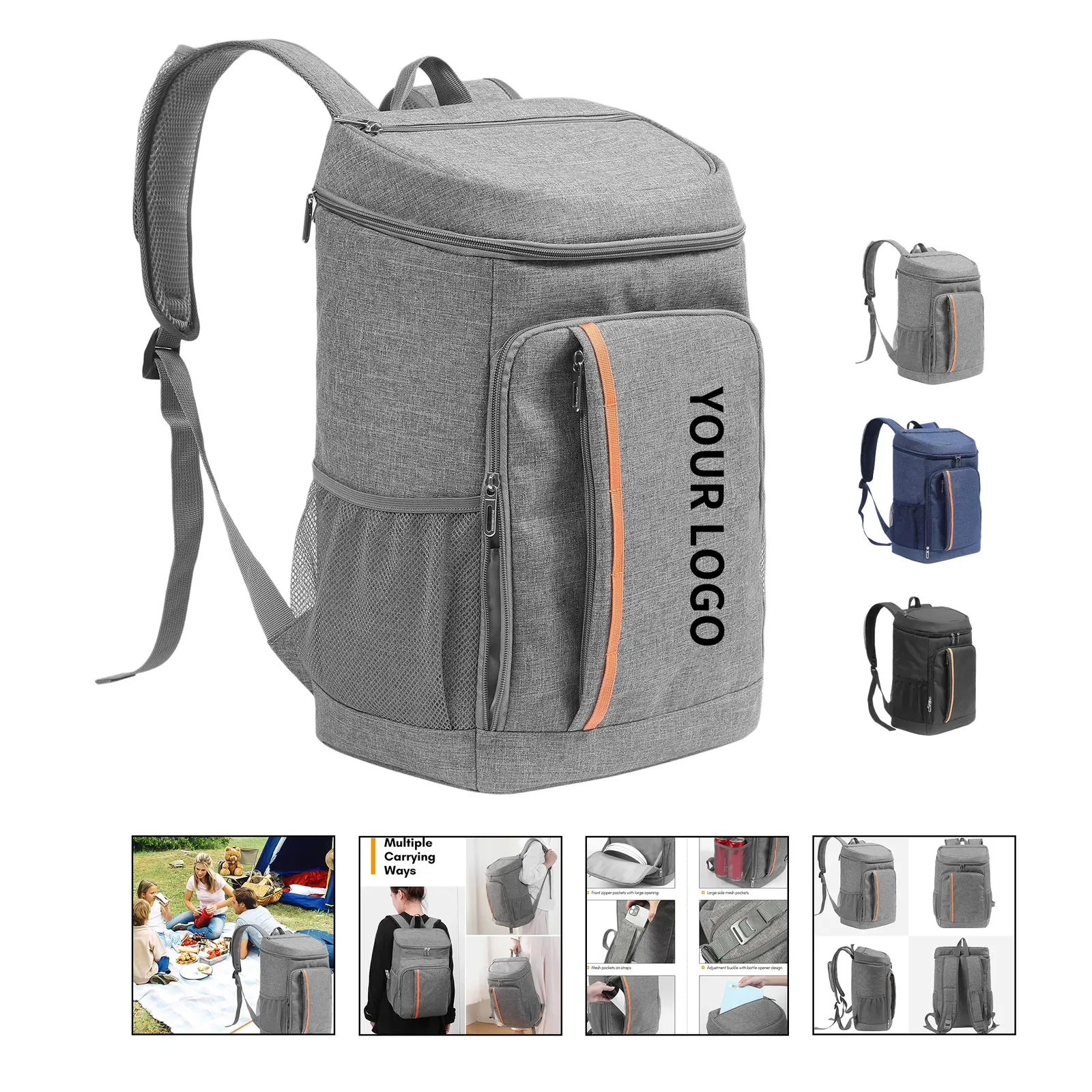 Insulated backpack cooler lunch bag with logo on front