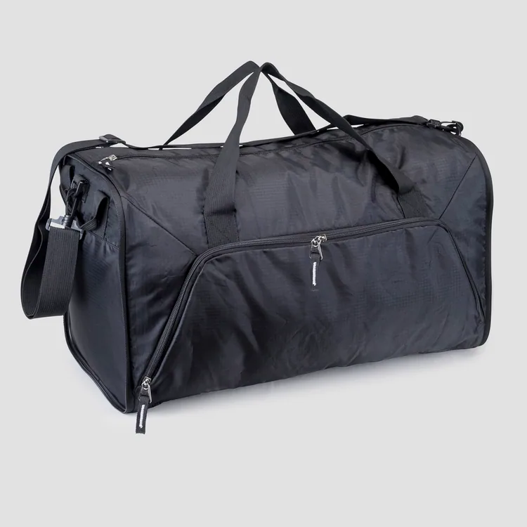 Black packable lightweight duffel bag with logo