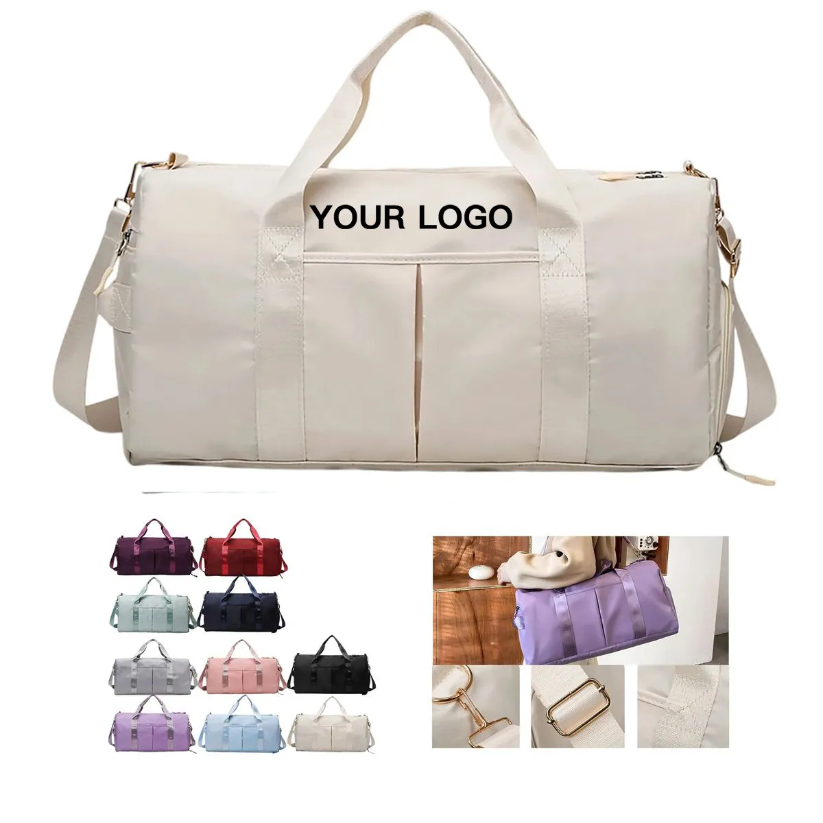 Spacious sports duffel bag with side and front pockets