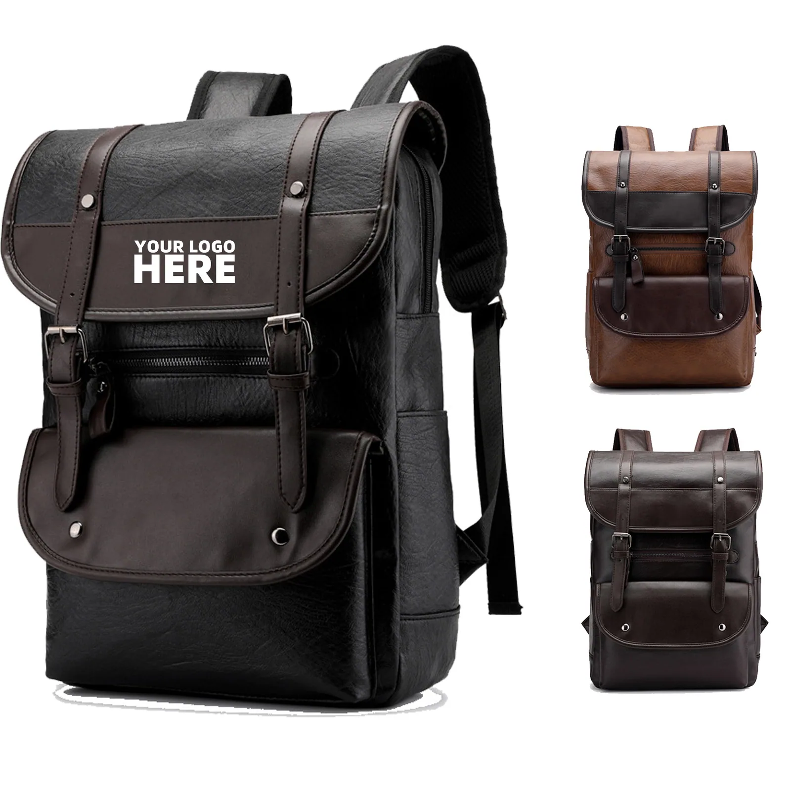 Stylish leather laptop backpack displayed against a neutral background.