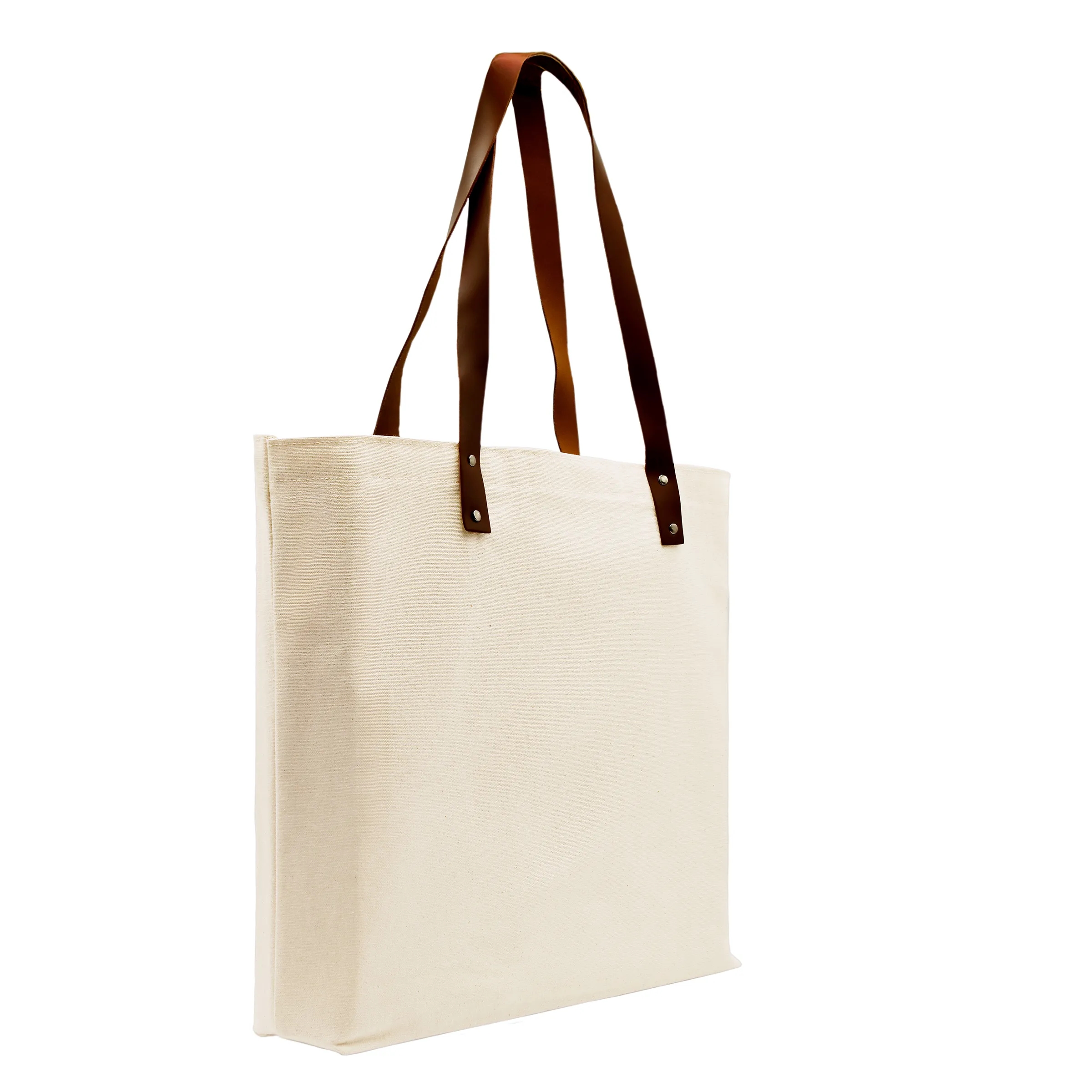 Natural canvas tote bag with leather handles and logo