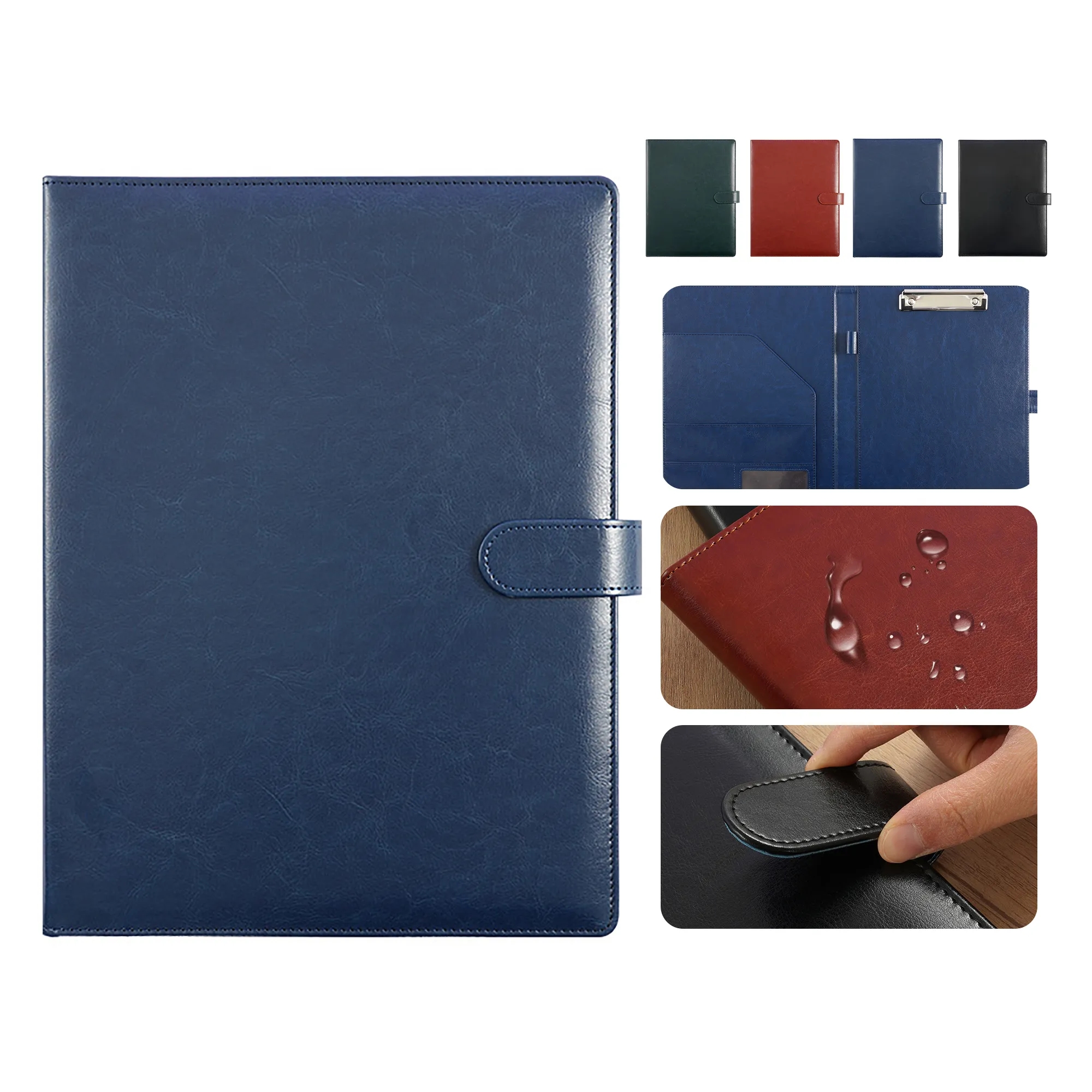 A4 leather file organizer with magnetic closure displaying documents