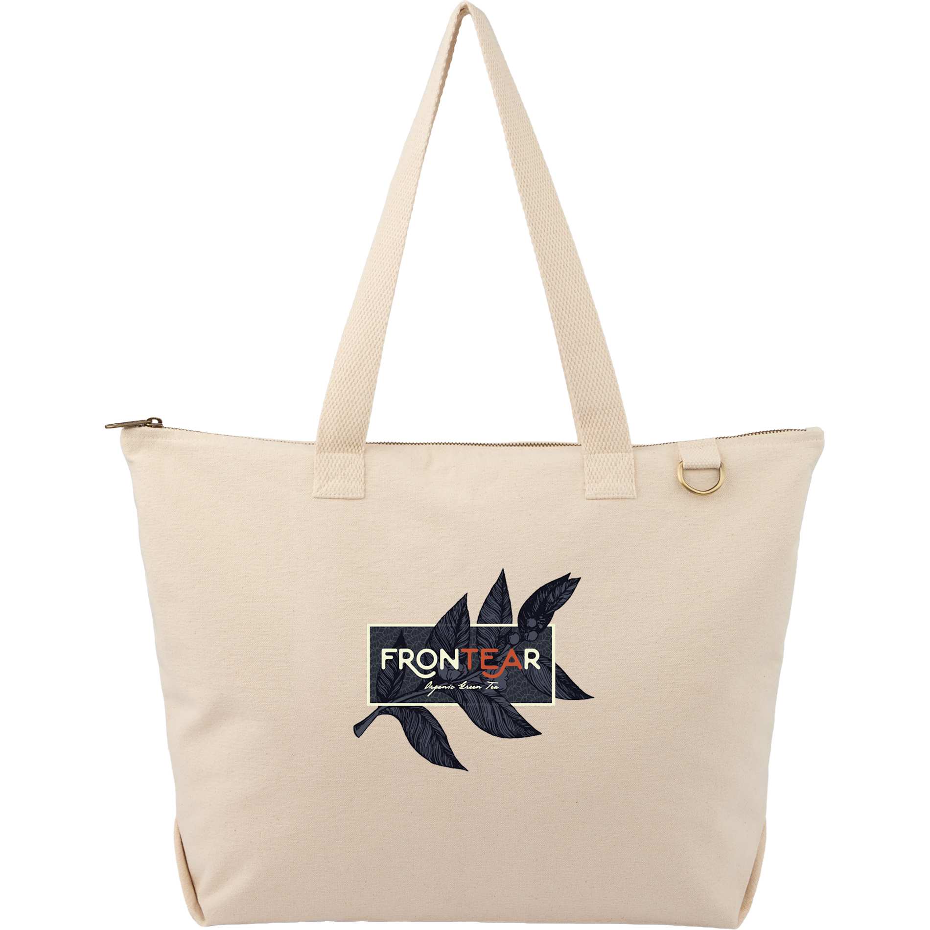 Organic cotton zippered tote with brass D ring and handles