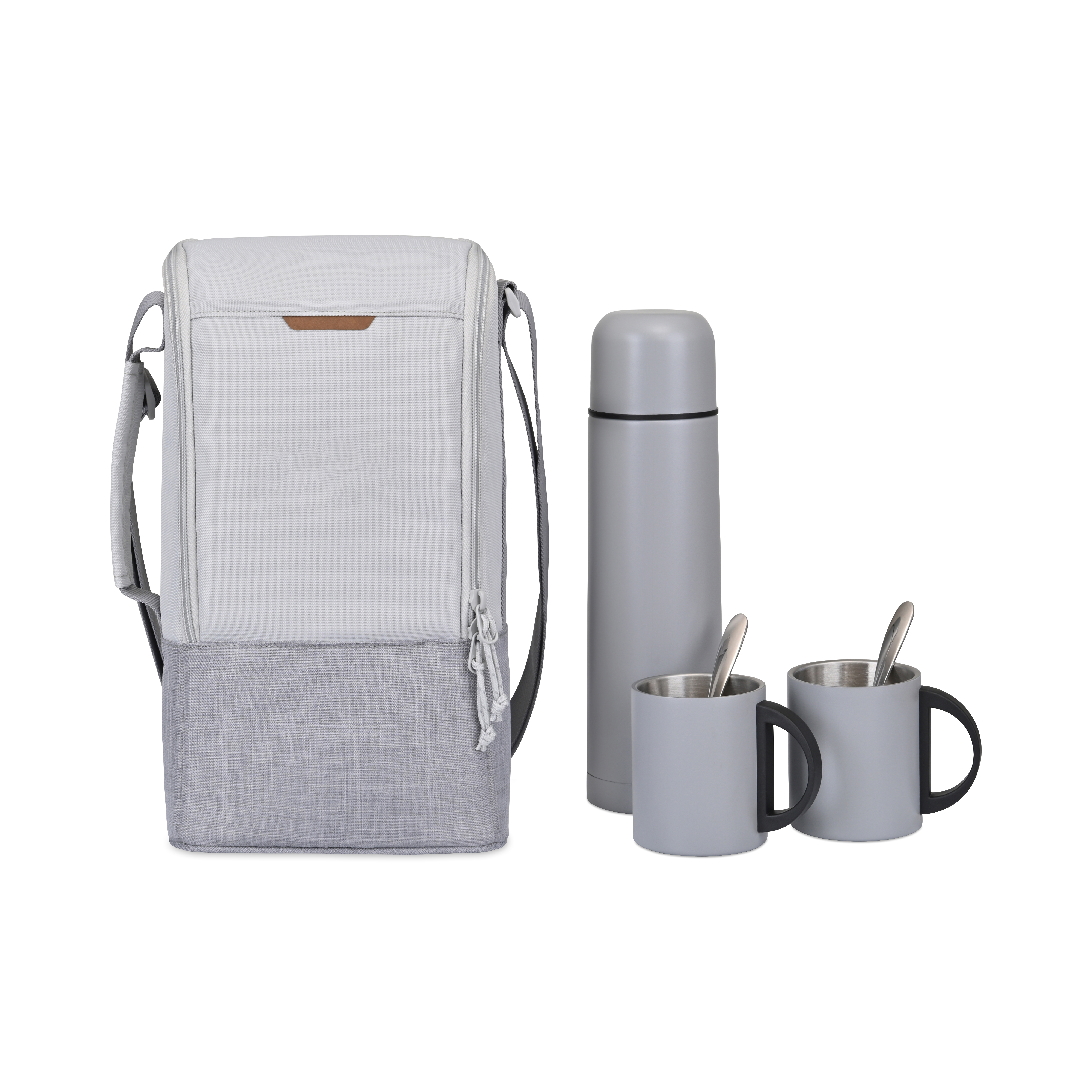 Color-block insulated tote with coffee items inside