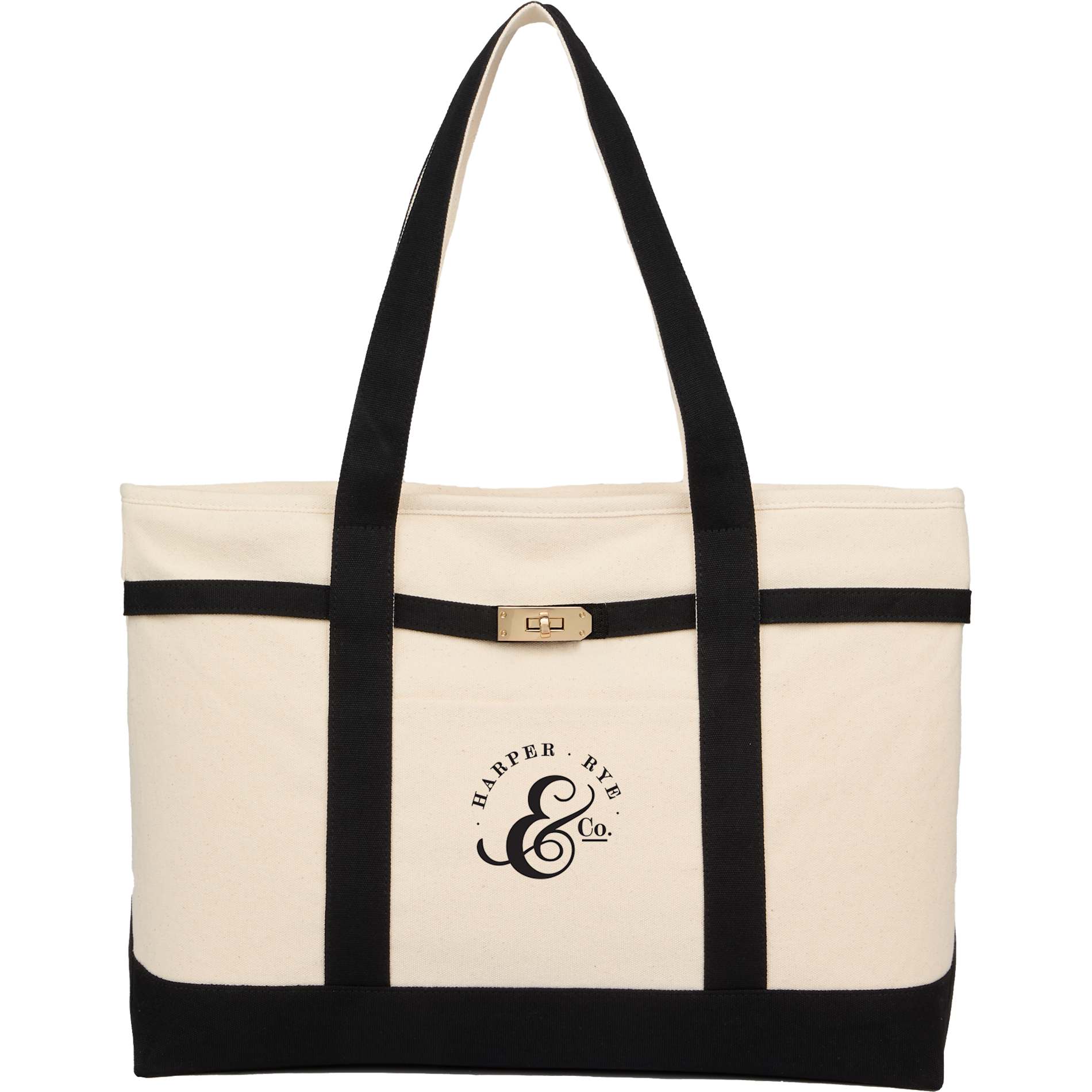 Stylish recycled cotton tote with zippered compartment and gold turn-lock closure