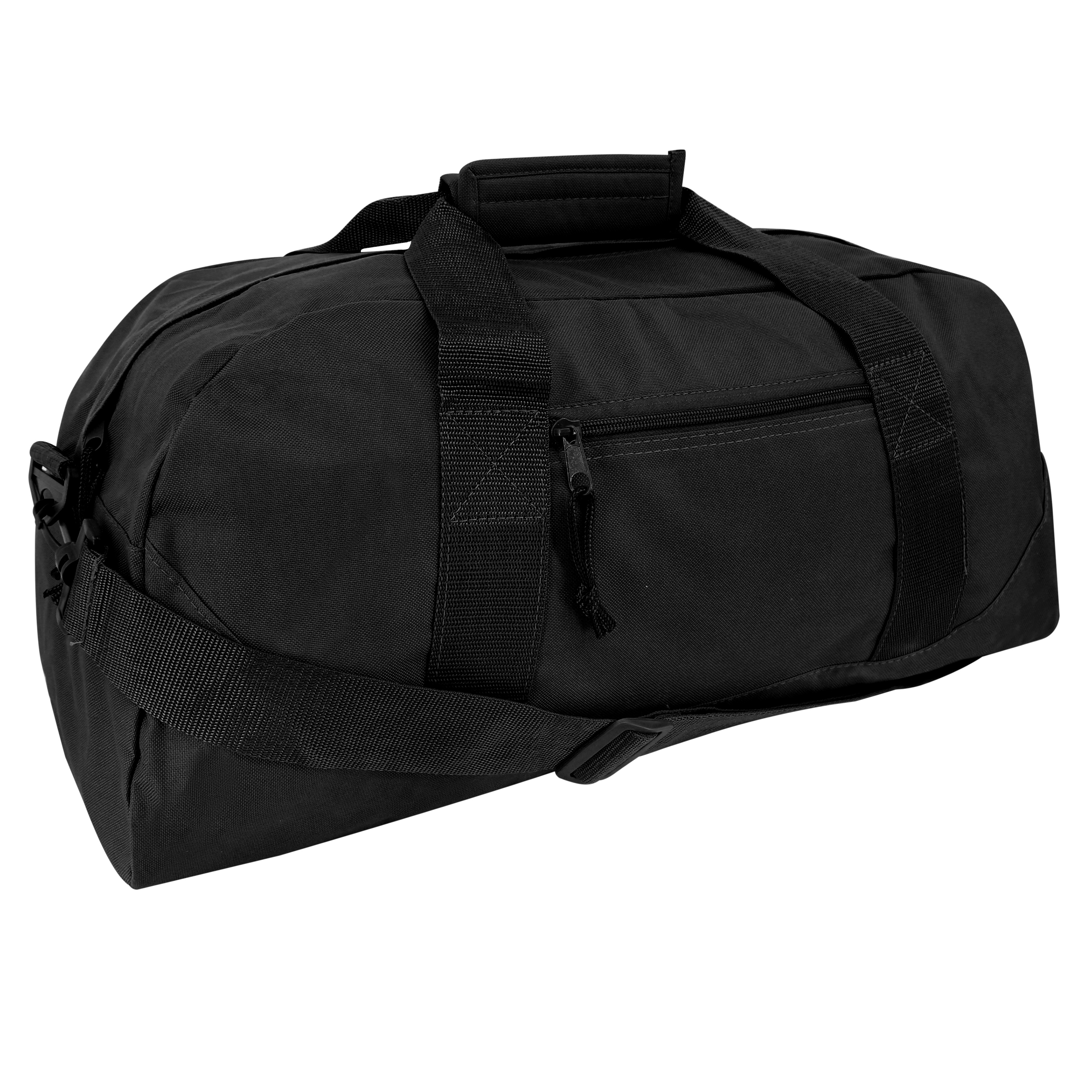 Large square duffel bag with adjustable shoulder strap and front zipper pocket