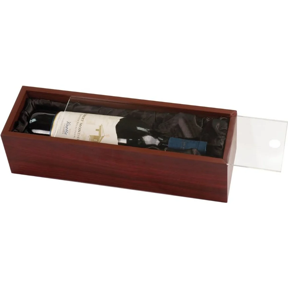 Rosewood wine box with clear acrylic lid and bottle inside