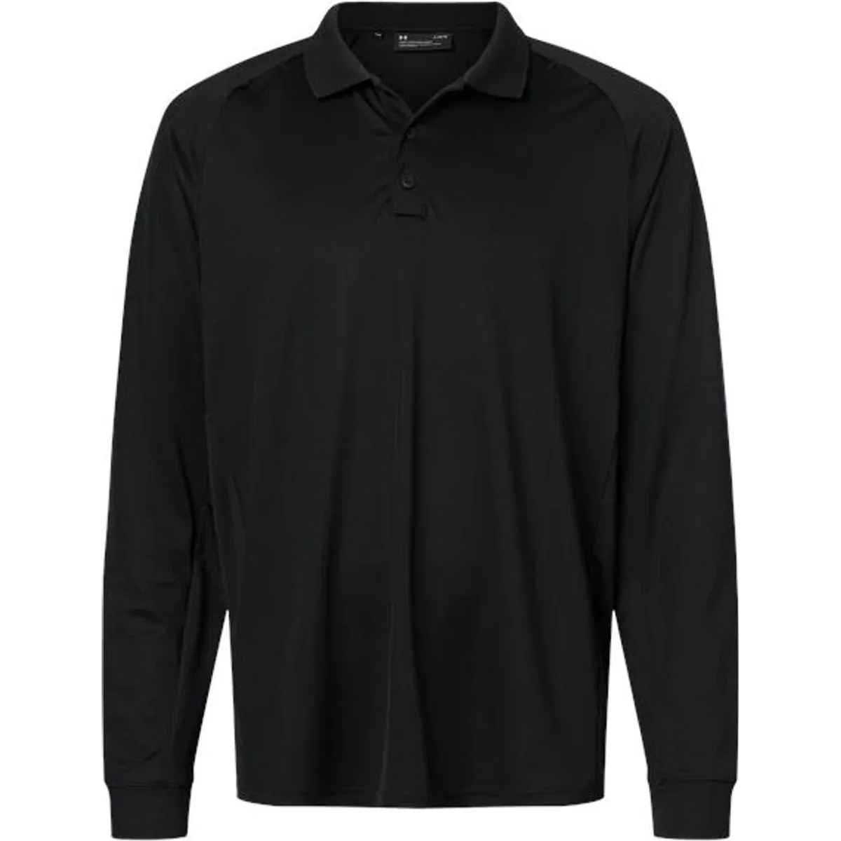 Men's tactical long sleeve polo in a solid color with a logo on the back neck