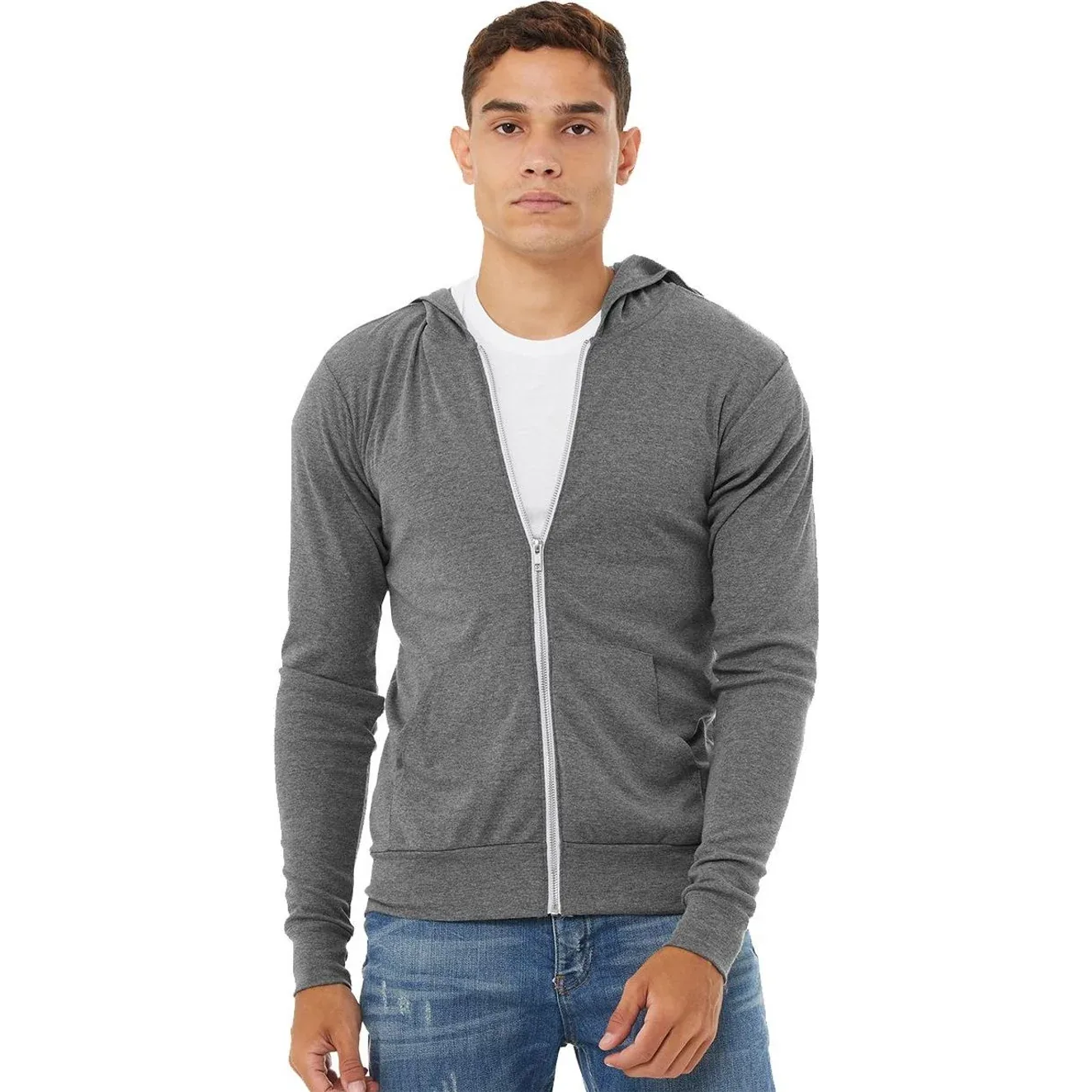 Unisex full-zip hooded tee displayed on a mannequin