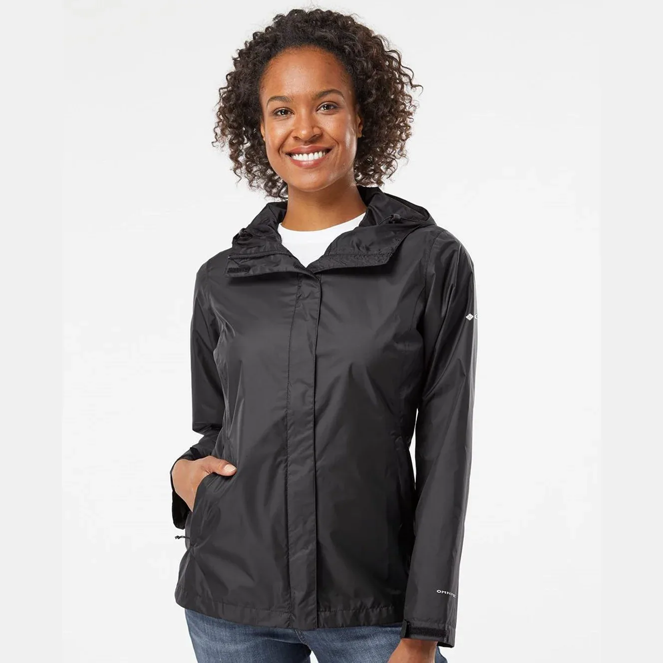 Women's rain jacket displayed with logo on sleeve