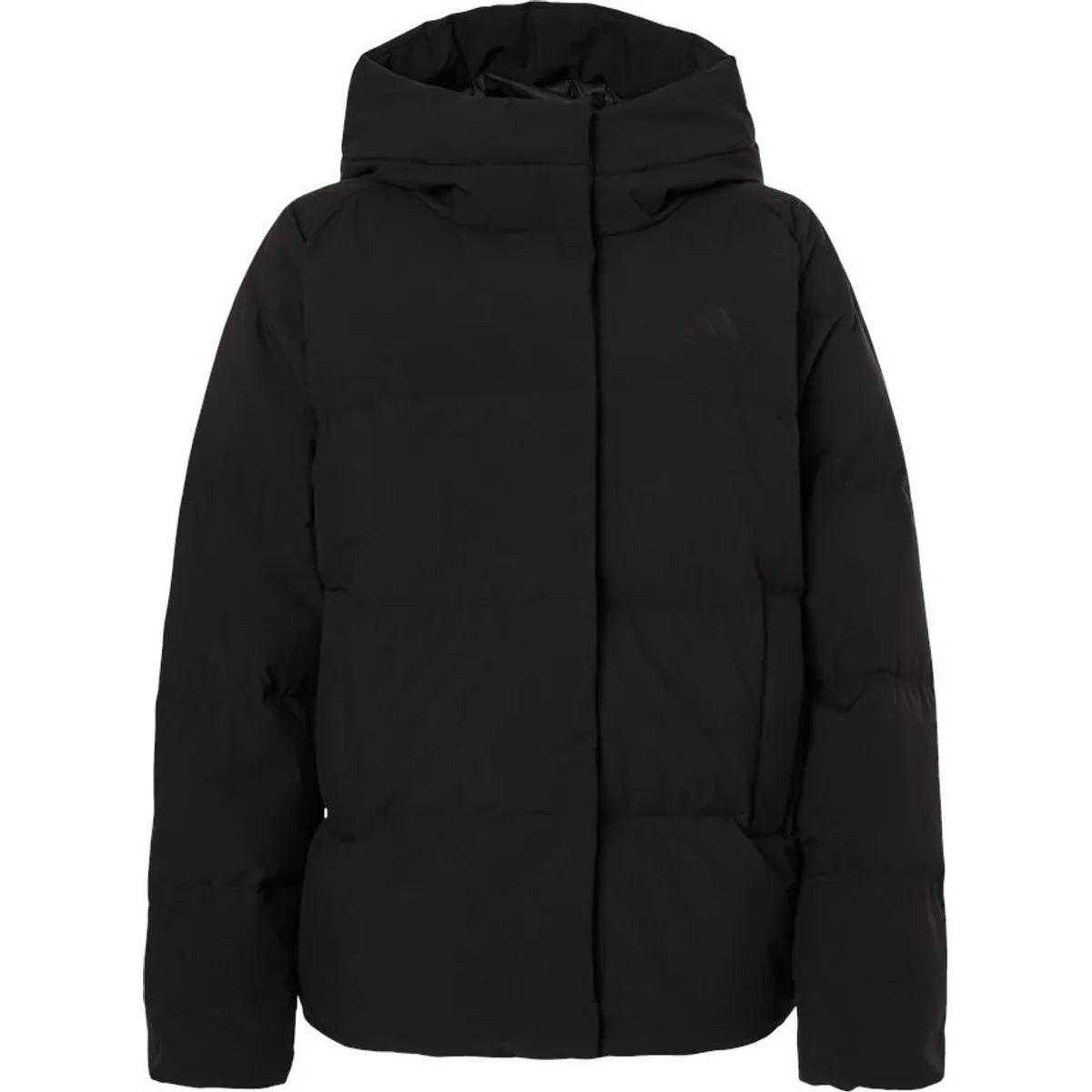 Women's puffer jacket with a snug hood and brand logo on the chest.