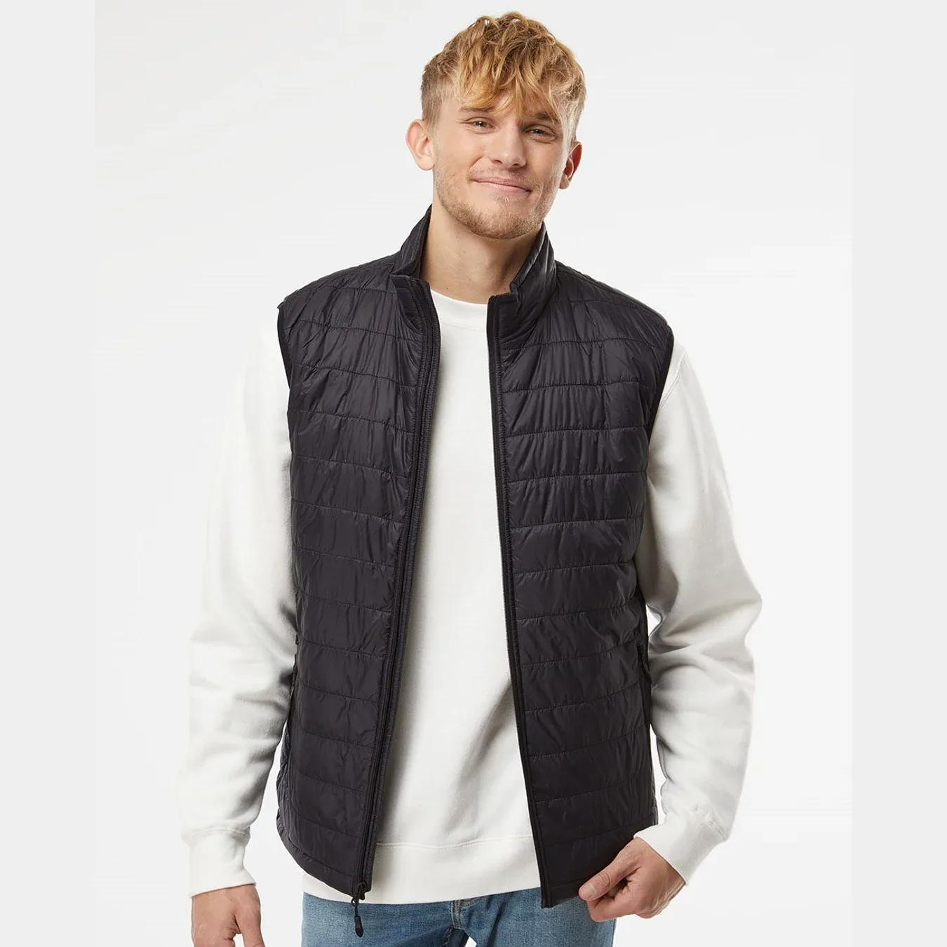 Men's Puffer Vest hanging on a display rack