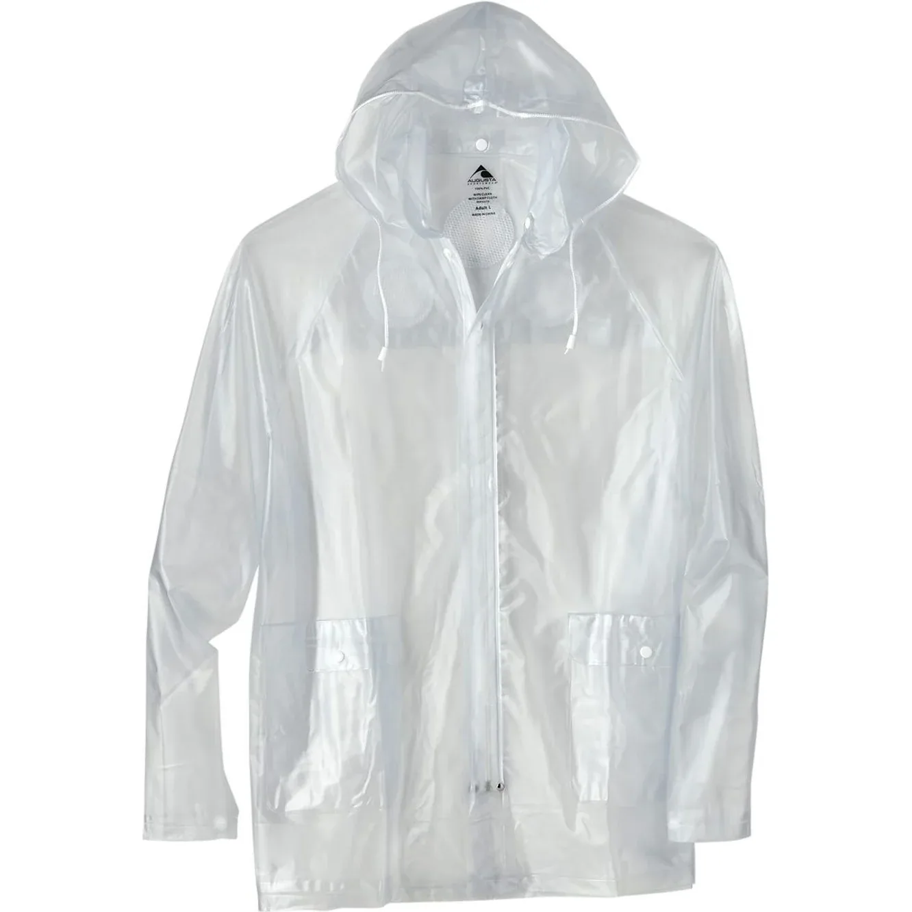 Men's clear rain jacket hanging on a display